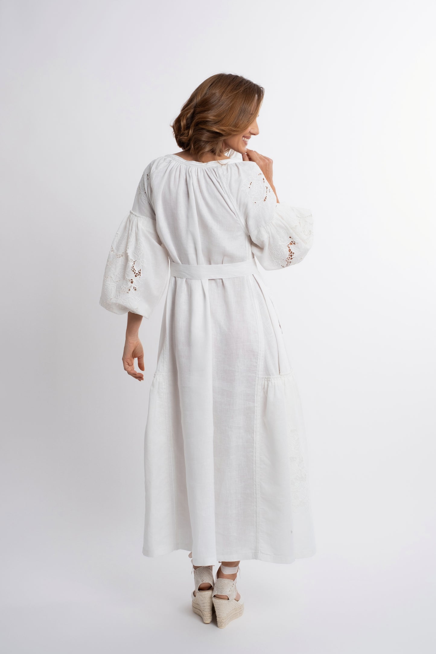 Capri: White linen belted dress cut swiss embroidered with pompons and  mother of pearl buttons.