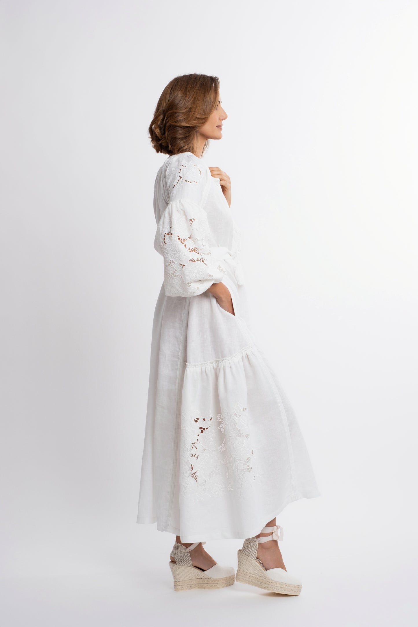 Capri: White linen belted dress cut swiss embroidered with pompons and  mother of pearl buttons.