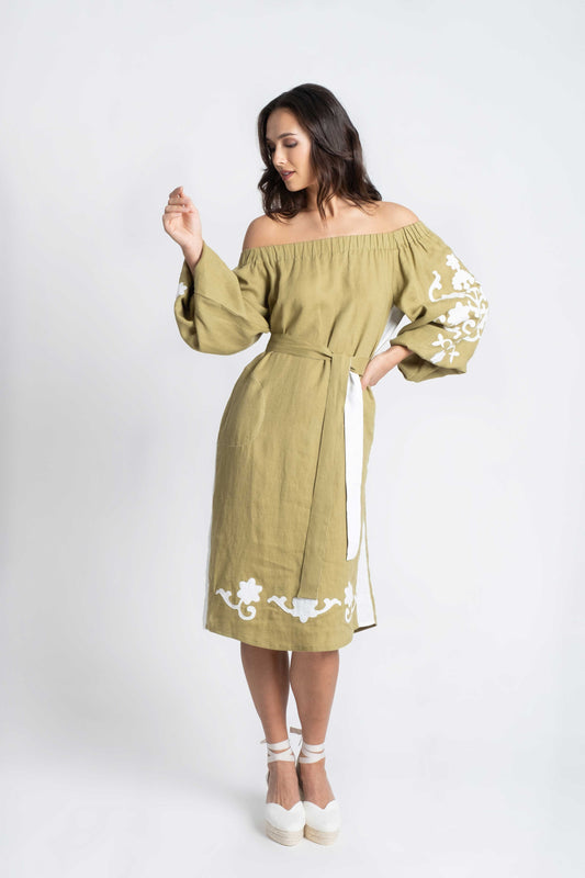 Bora Bora: Olive linen belted dress embroidered in white.