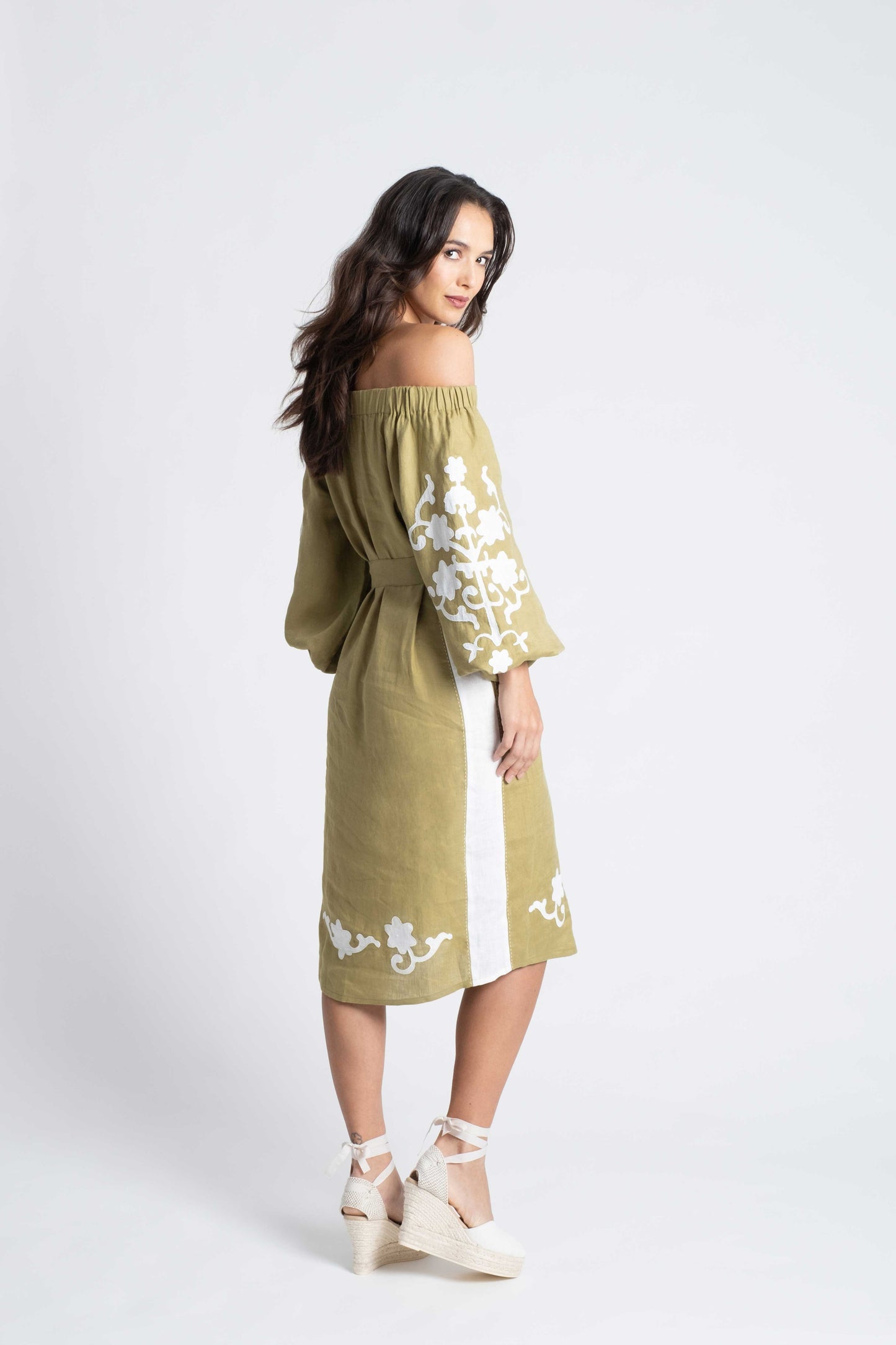 Bora Bora: Olive linen belted dress embroidered in white.