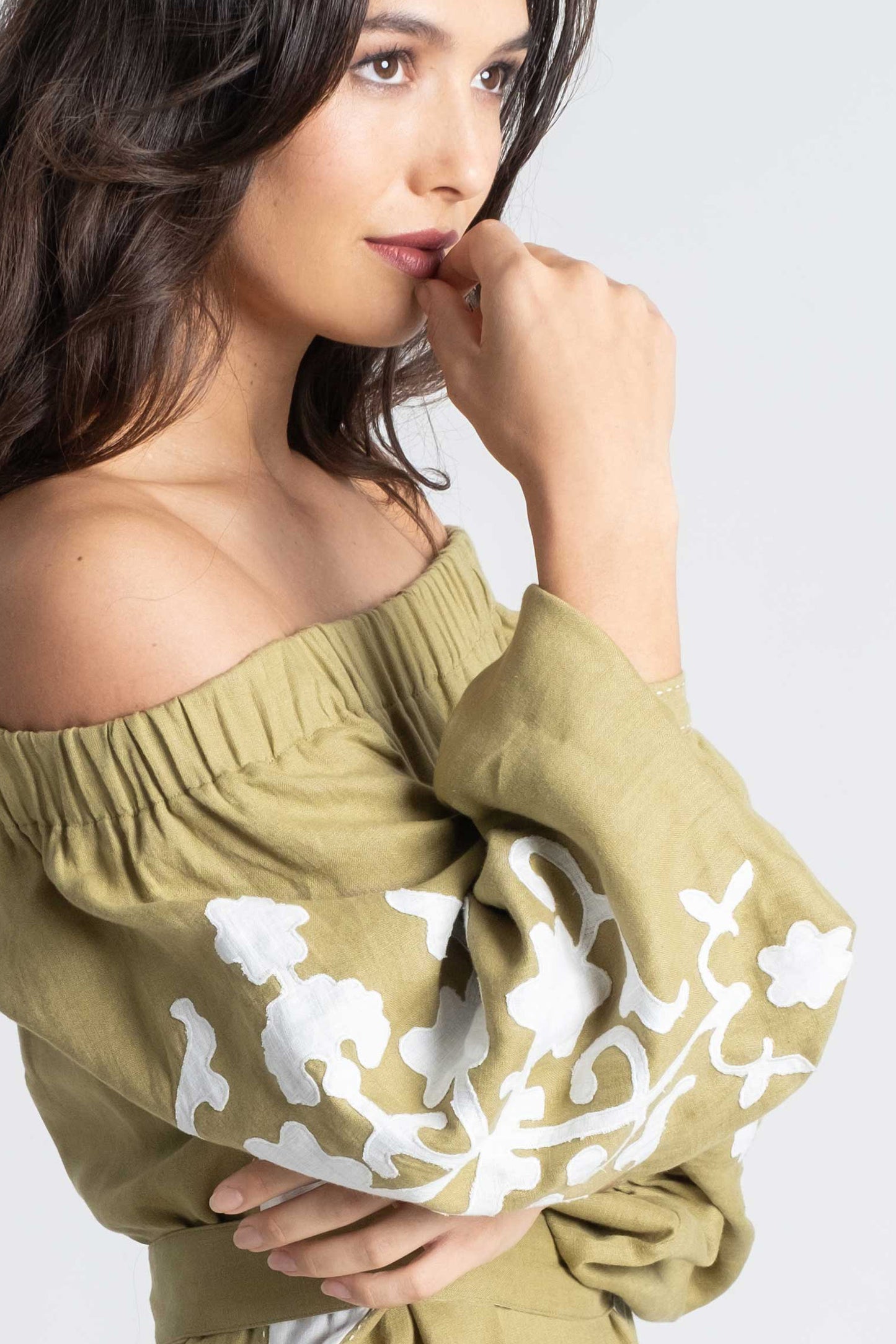 Bora Bora: Olive linen belted dress embroidered in white.