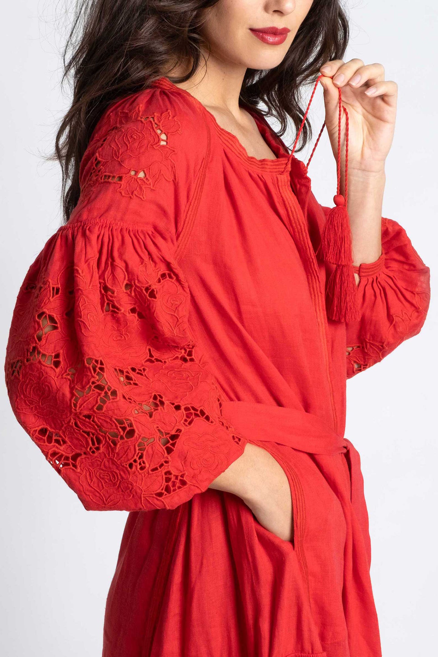 Capri: Red linen belted dress swiss embroidered with pompons and  mother of pearl buttons.