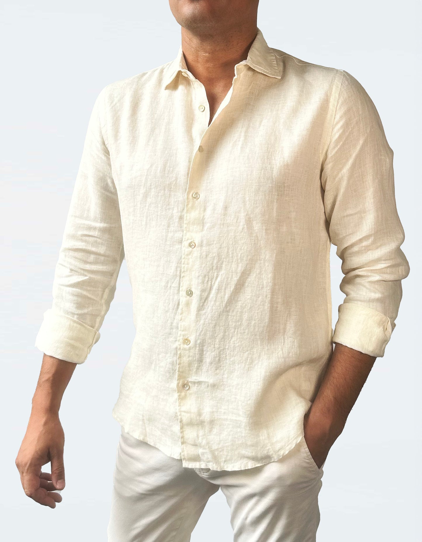 Mauricio: Camisa unisex 100% lino crudo con botones de nácar