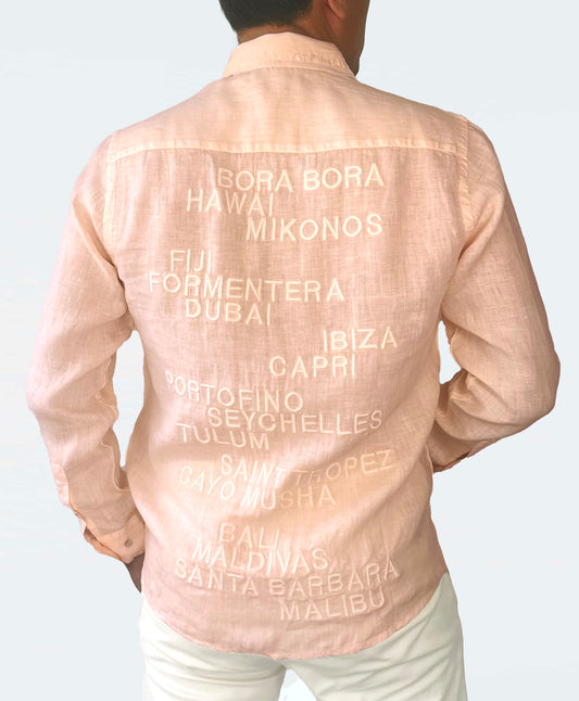 Mauricio: Salmon 100% linen unisex shirt with mother-of-pearl buttons: