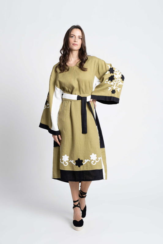 Bali: Olive linen belted dress embroidered in black and white.