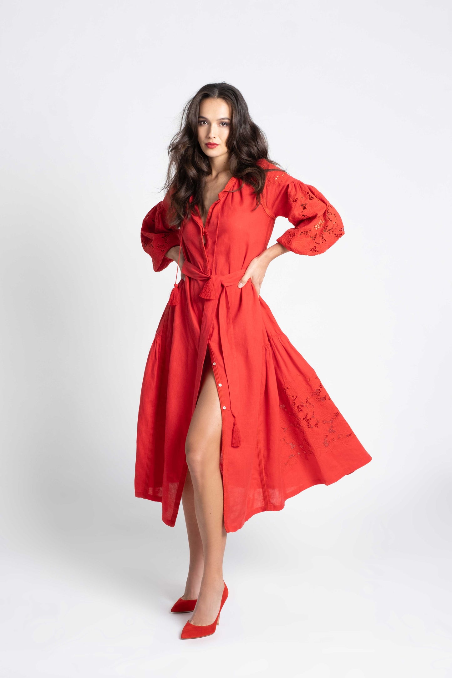 Capri: Red linen belted dress swiss embroidered with pompons and  mother of pearl buttons.