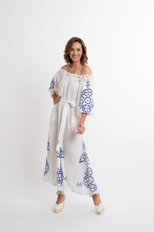 Mikonos: White  boat-neck linen belted dress embroidered in royal blue.