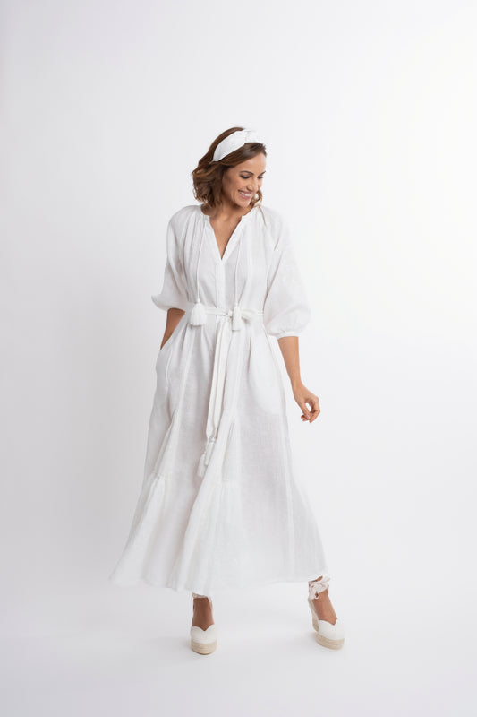 Ibiza: All white linen belted dress embroidered with pompons and  mother of pearl buttons.