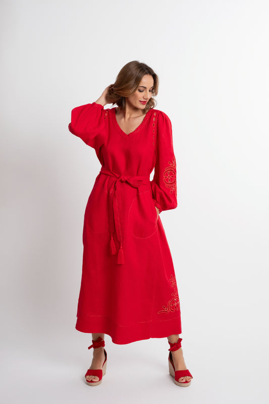 Creta: Red linen belted dress embroidered in gold.