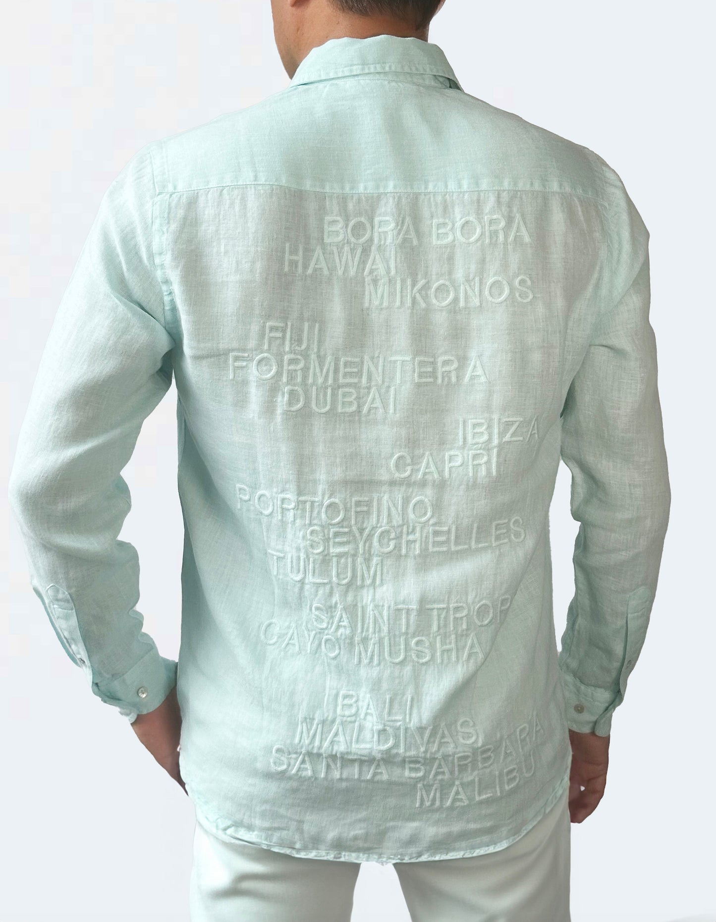 Camisa unisex 100% lino turquesa con botones de nácar